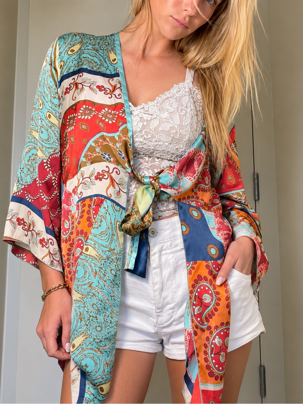 CAbi Colorful Patchwork Paisley Kimono Cardigan – Size M